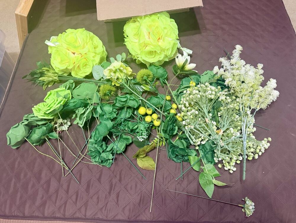 Large Lot / Box of Miscellaneous Artificial Silk Flowers - Bright Green Shades
